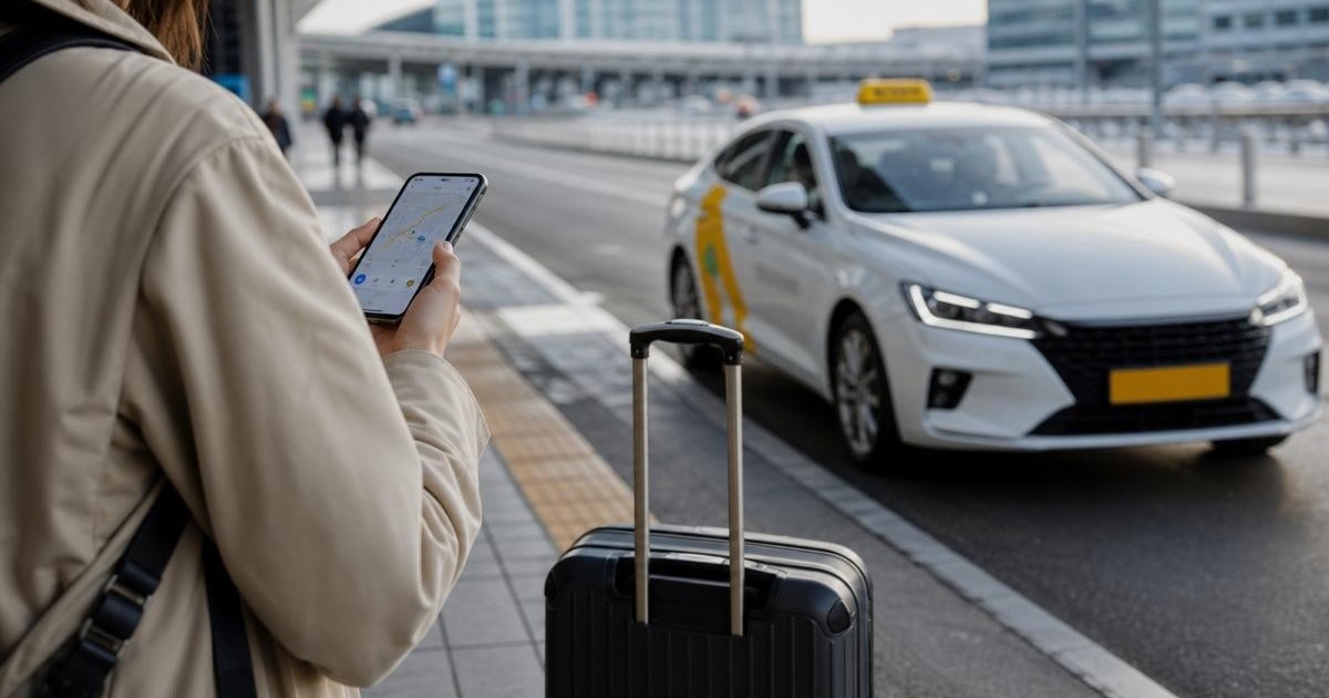 Photorealistic Seoul curbside taxi pickup scene with a traveler, suitcase, smartphone, and taxi for Kakao T and K.ride guidance