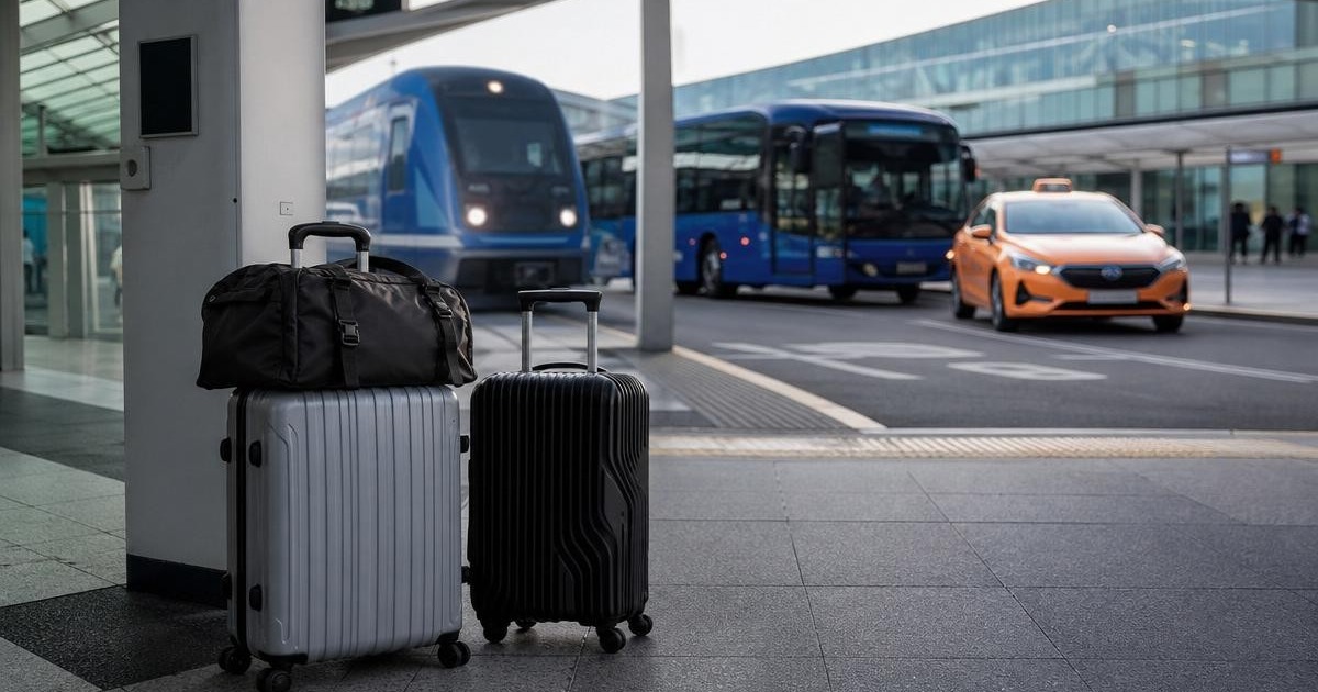 Photorealistic Incheon Airport transportation scene with luggage, airport train, bus, and taxi options