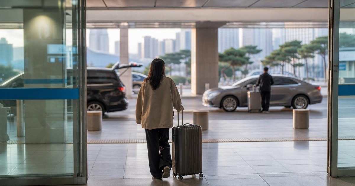 Photorealistic airport arrival exit scene with a traveler and suitcase heading toward ground transportation to a Seoul hotel