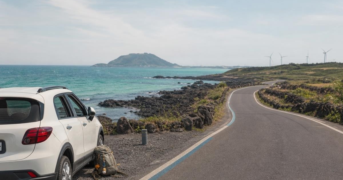Photorealistic Jeju coastal road with ocean, volcanic stone, and a compact travel car for a slow route itinerary