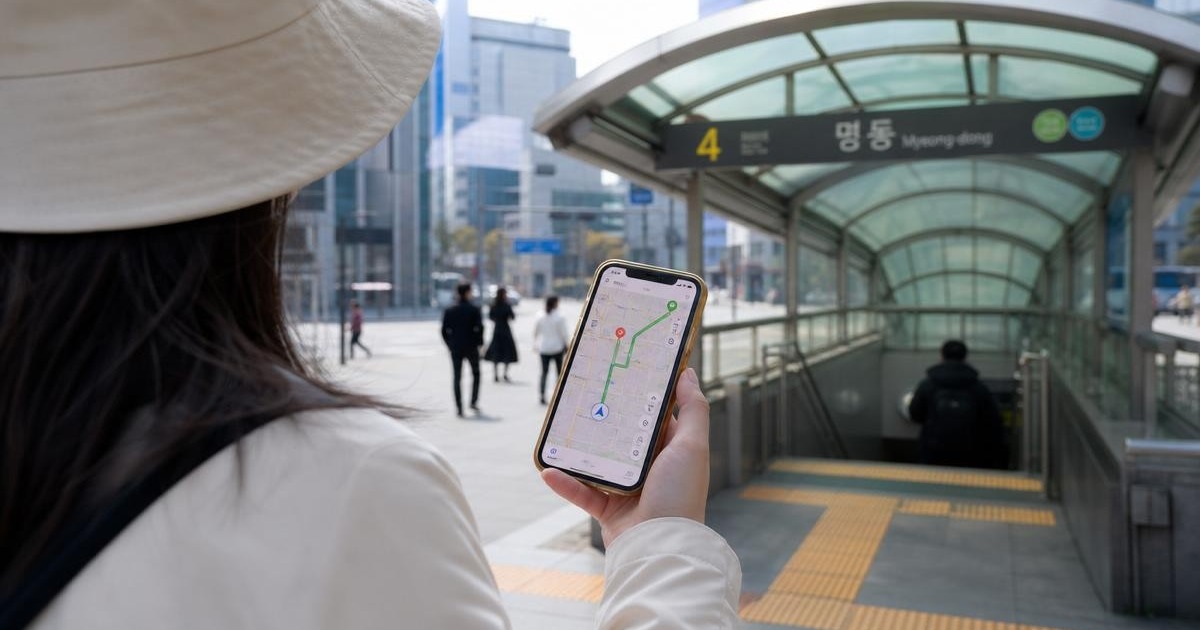 Photorealistic Seoul station navigation scene with a traveler using a Korean map app on a smartphone