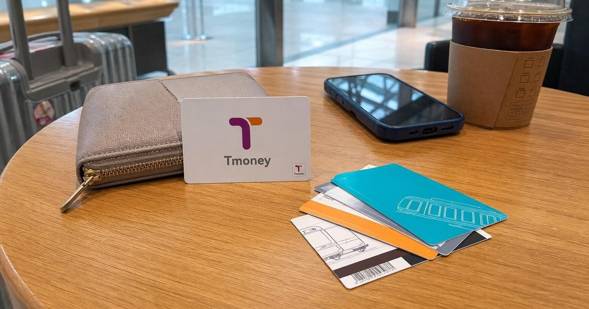 Photorealistic comparison table scene with a Tmoney card, tourist pass cards, phone, and travel wallet