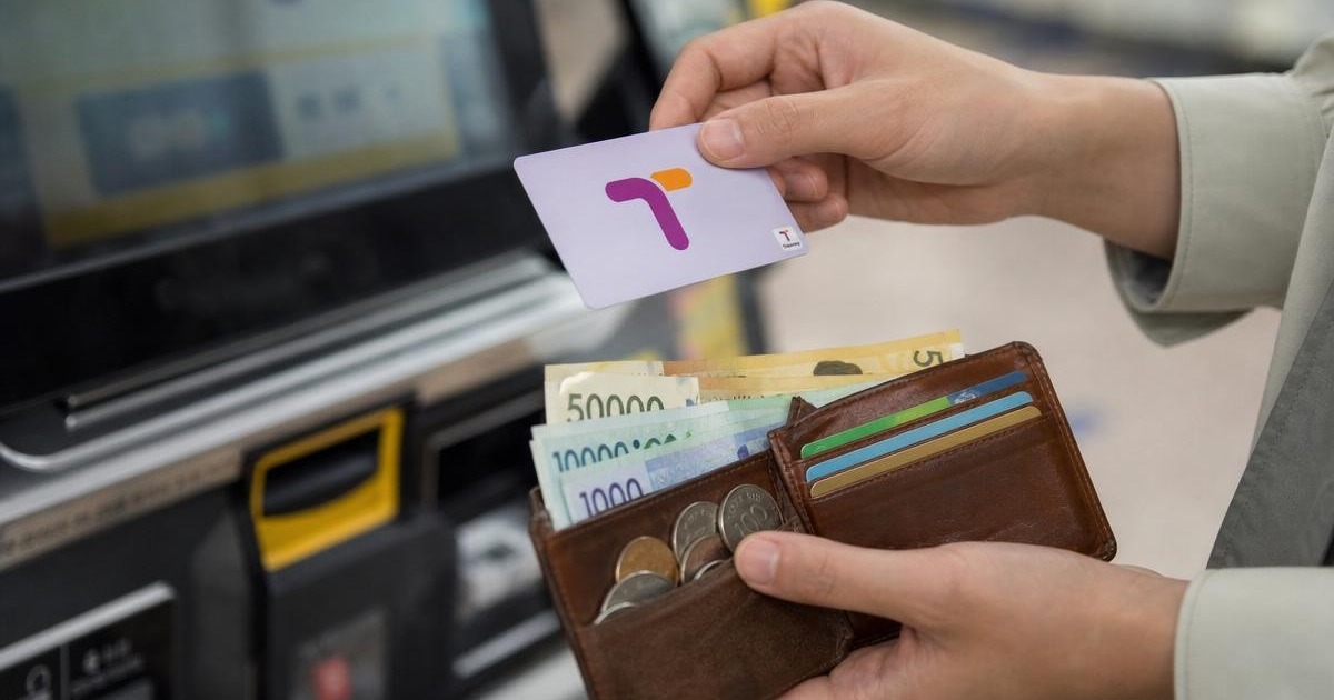 Photorealistic Tmoney cash top-up scene with a transit card, Korean won, wallet, and top-up machine