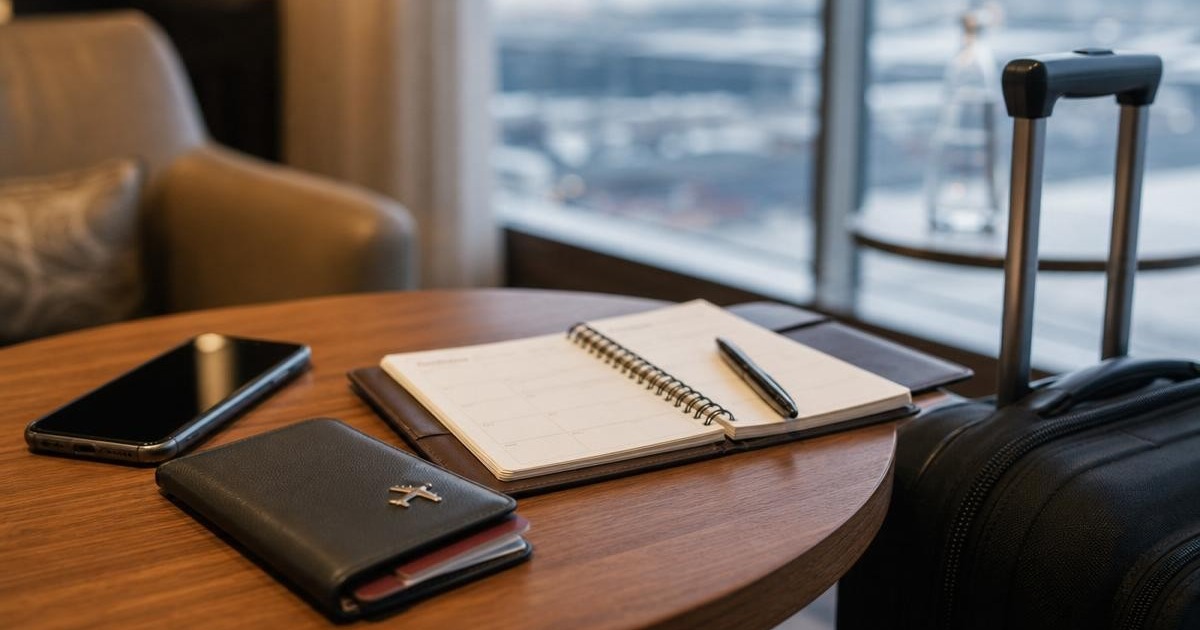 Photorealistic airport lounge desk with travel wallet, phone, notebook, pen, and suitcase for K-ETA exemption planning
