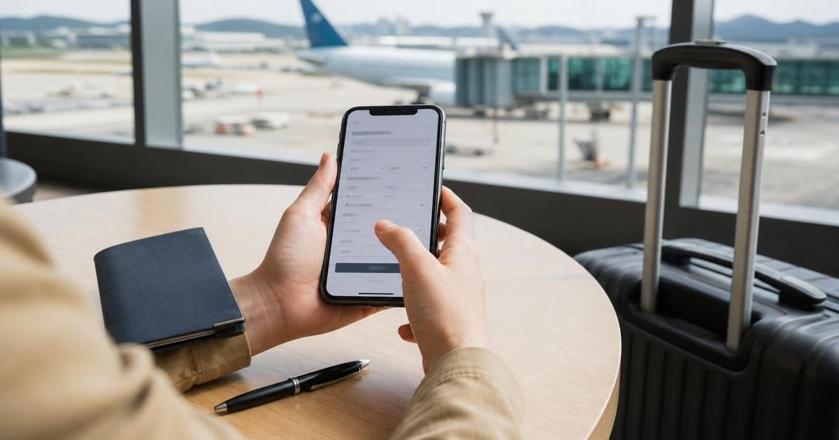 Photorealistic airport table scene with a traveler using a phone for a generic e-arrival form and luggage nearby