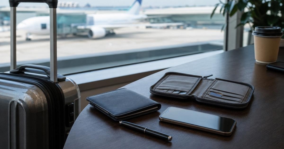 Photorealistic airport travel preparation scene with phone, wallet, boarding pouch, suitcase, and airport window
