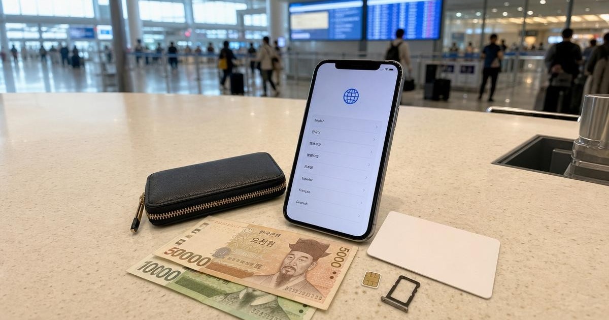 Photorealistic airport arrivals table with an unbranded transit card, phone, SIM card, wallet, and Korean won for arrival essentials