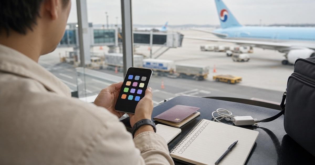 Traveler preparing Korea travel apps on a smartphone before a flight.