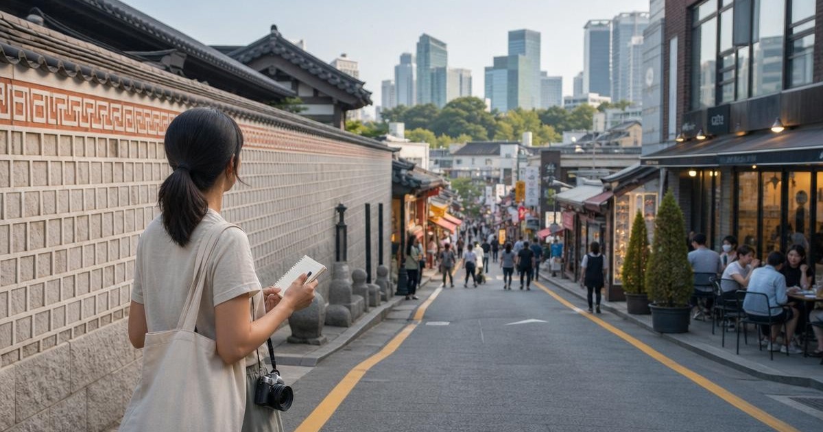 Traveler planning a three-day Seoul route near a palace wall with market and cafe streets nearby.