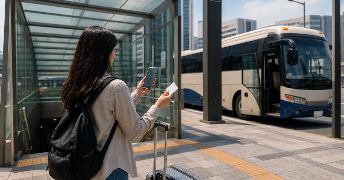 Traveler planning Korea transportation with a suitcase near a subway entrance and airport bus area.