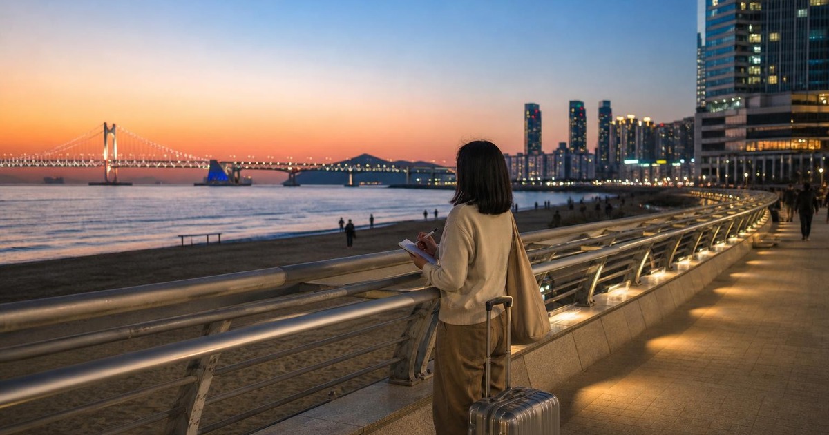 Traveler planning a Busan 3-day route near a coastal beach and city skyline.