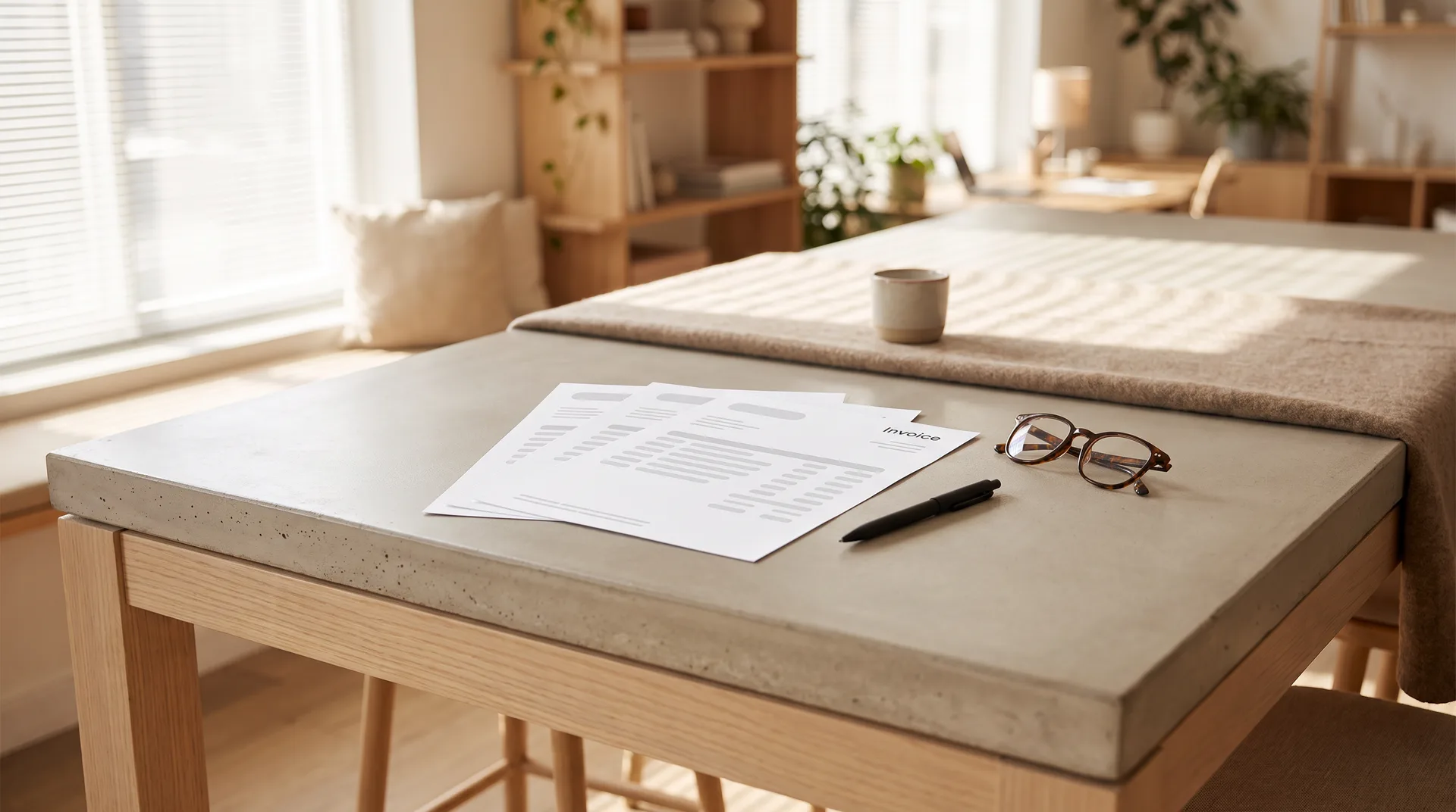 넓은 회의 테이블 위에 펼쳐 놓은 종이 청구서 여러 장과 펜