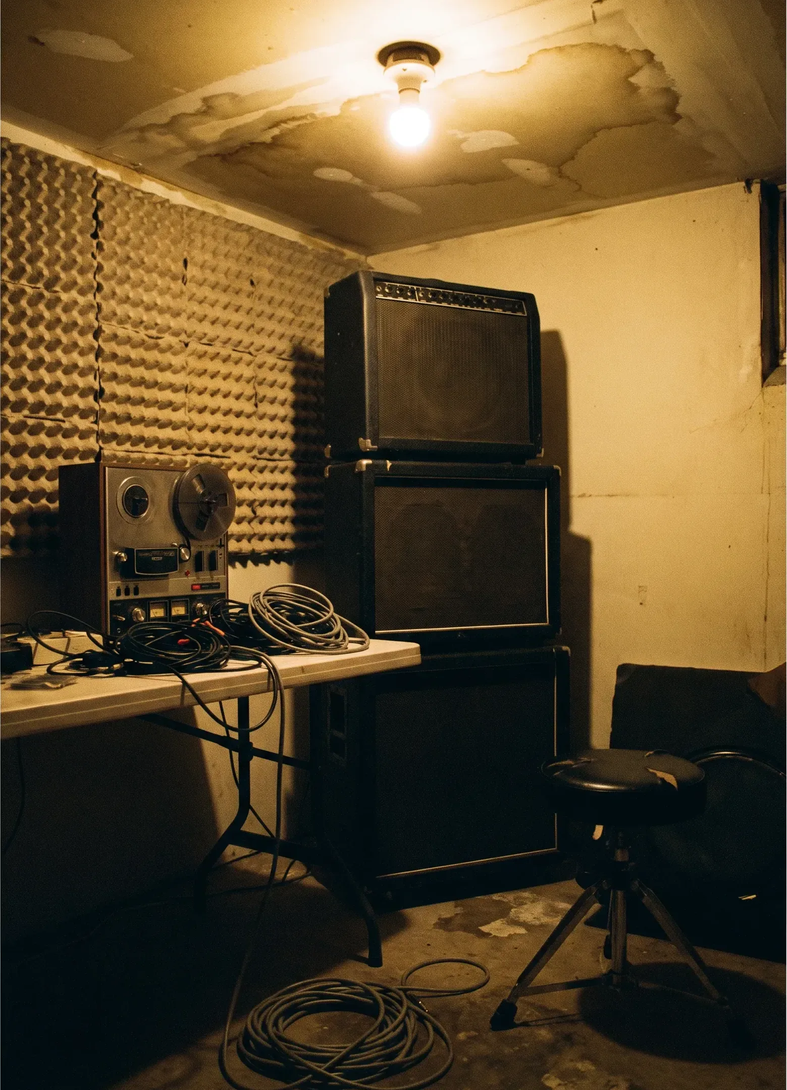The practice room where Nightform started, with amps and a tape machine