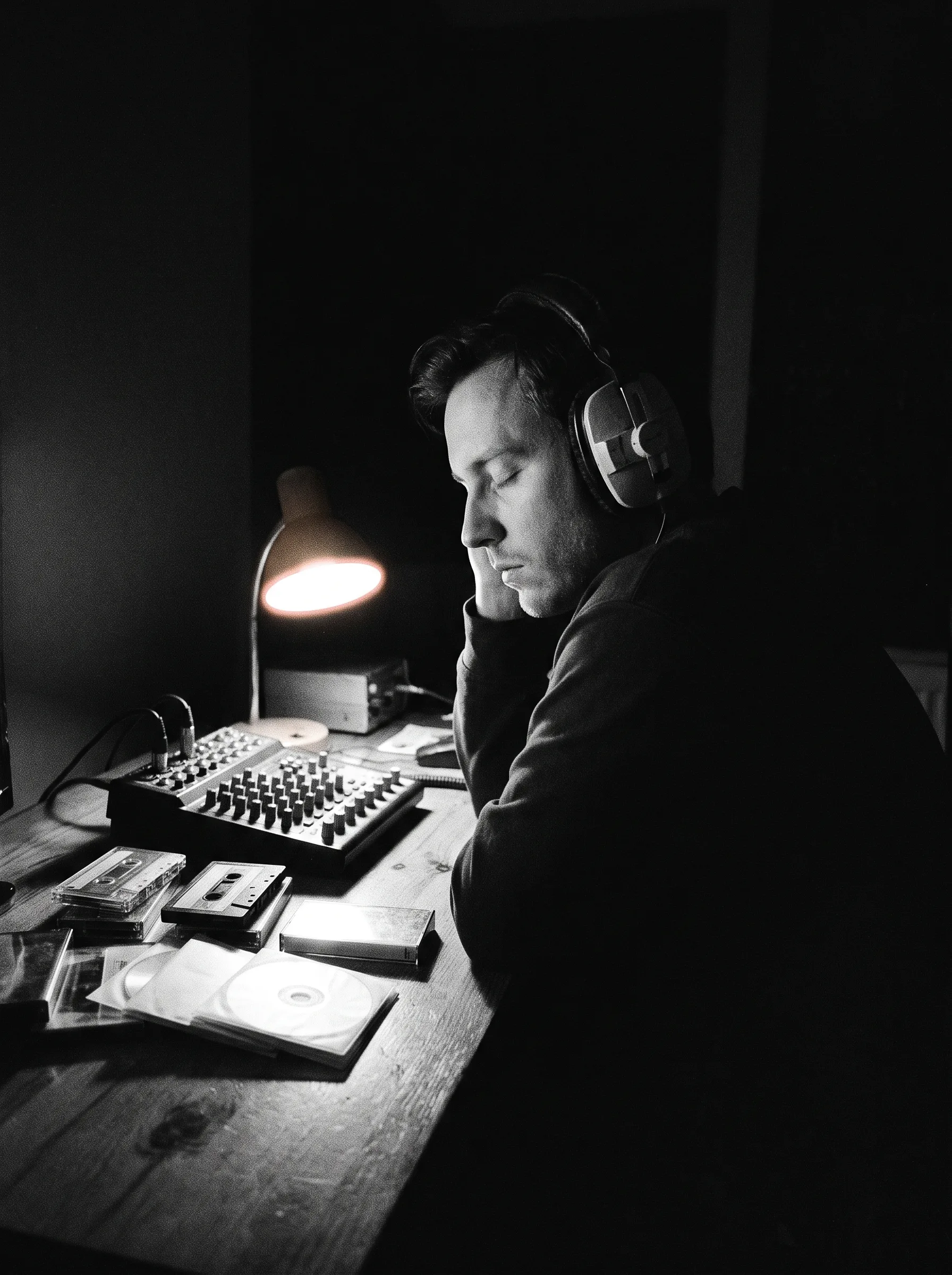 Someone listening to a demo on headphones at a desk
