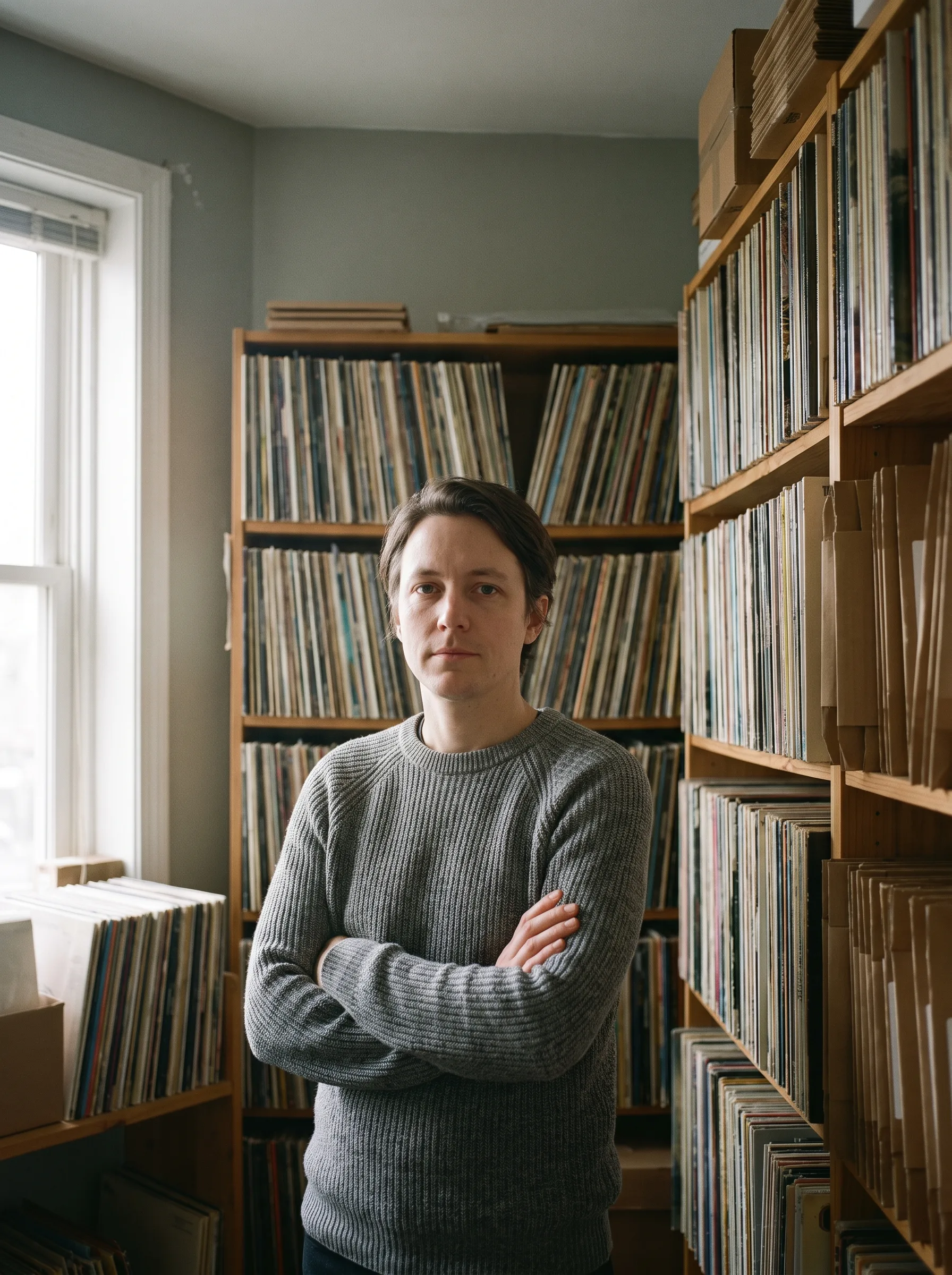 Dov Reyes in the Nightform office, surrounded by shelves of records
