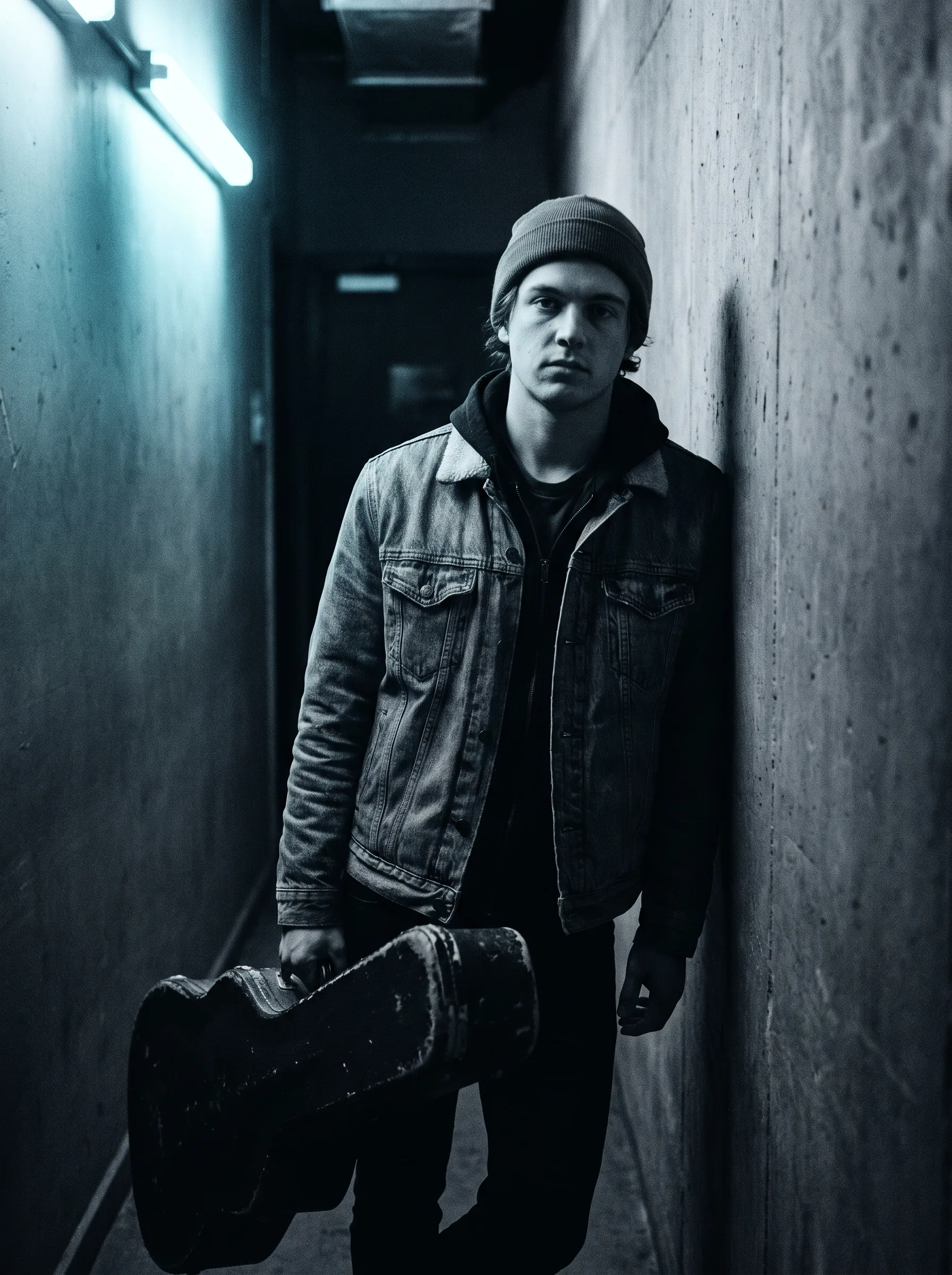 A musician with a guitar case in the backstage corridor at The Room