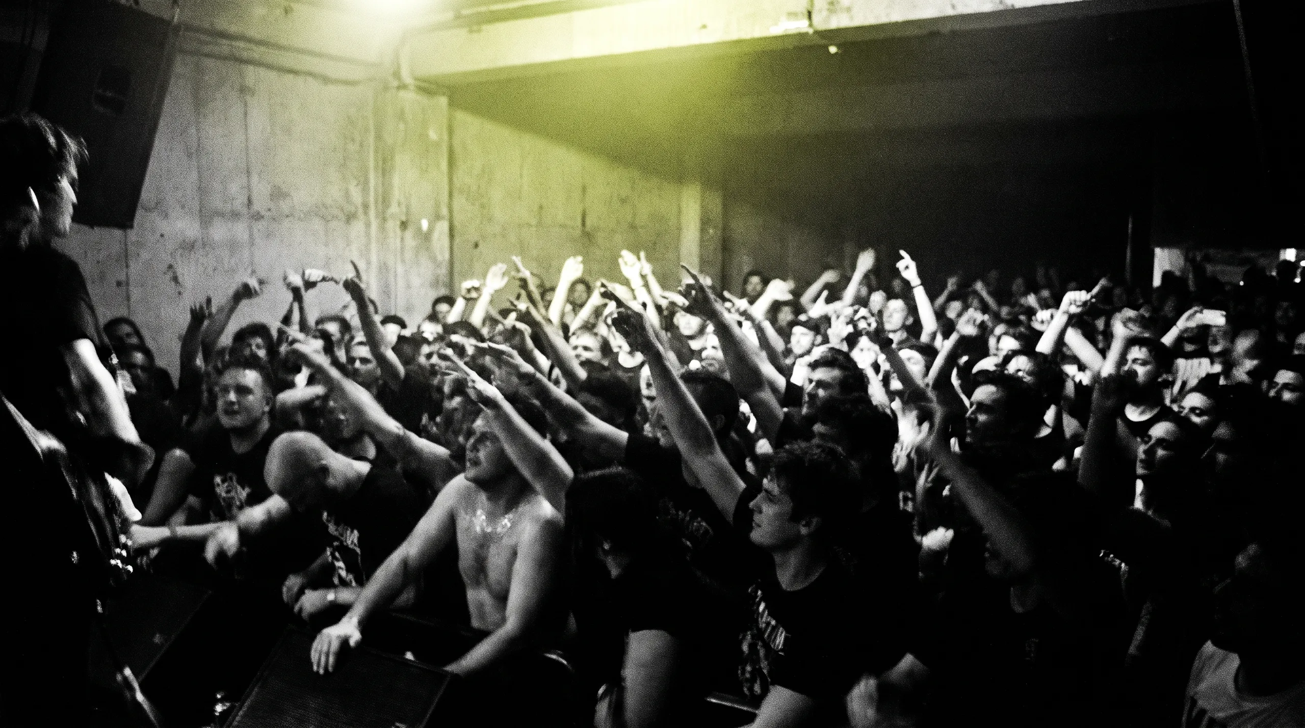 A packed crowd with arms raised at The Room