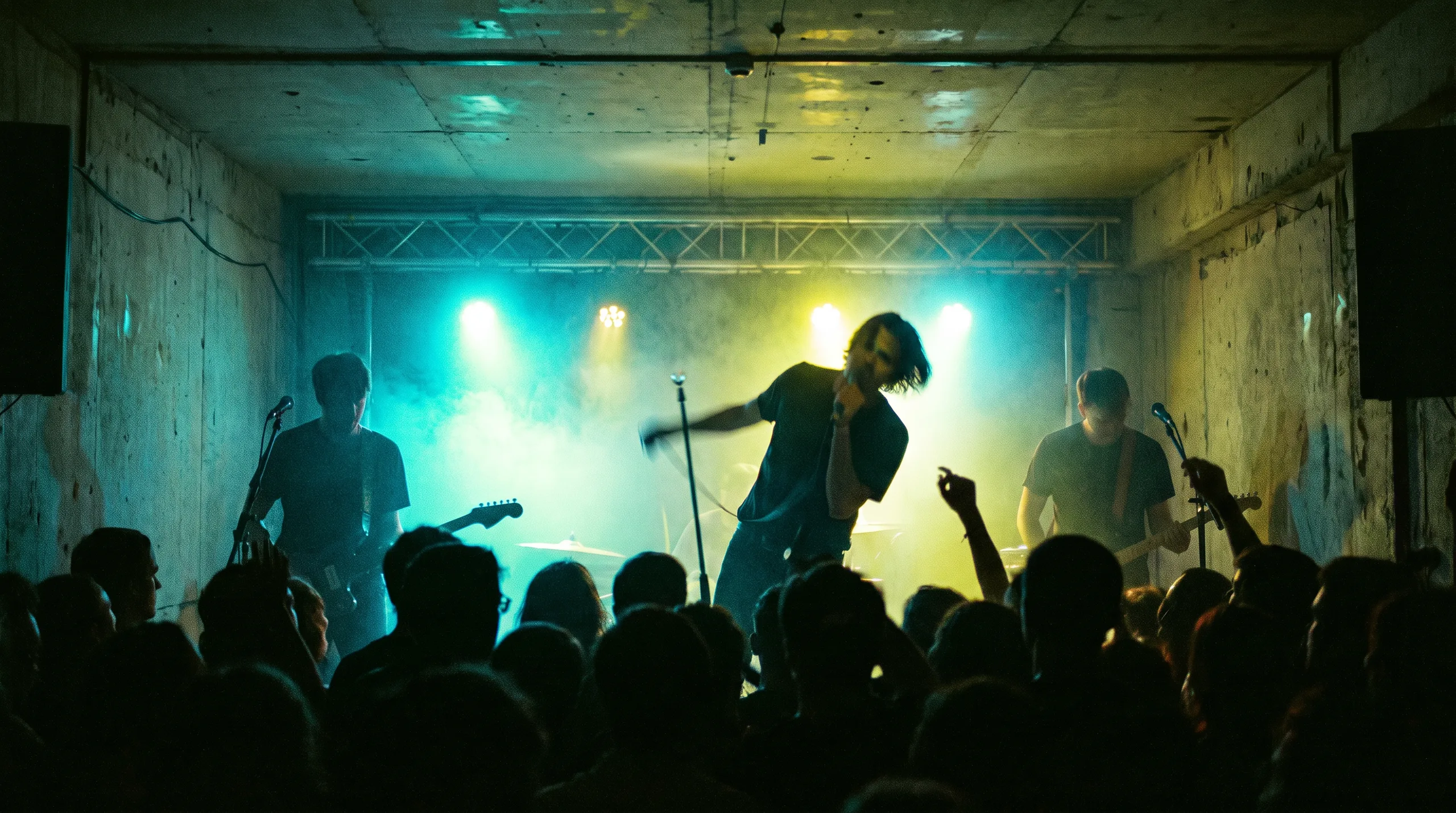 A band mid-song on the low stage at The Room, lit by hard cyan and magenta light