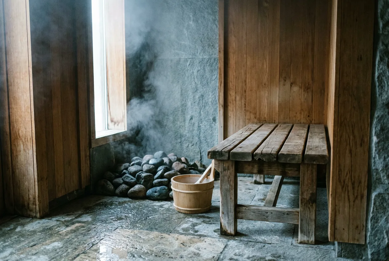 Steam rising from hot stones in the cedar sauna