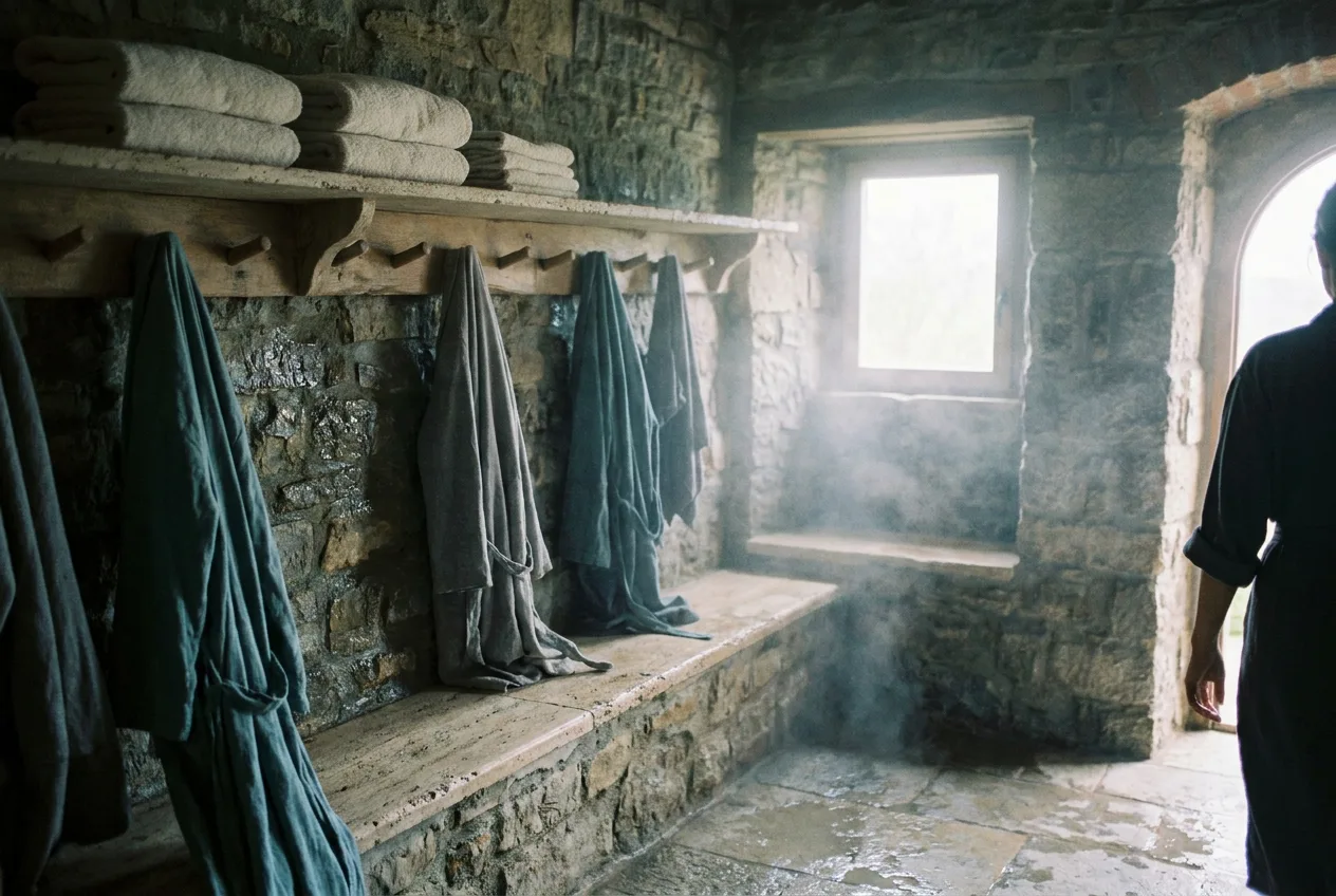 Linen robes on wooden pegs in the changing area