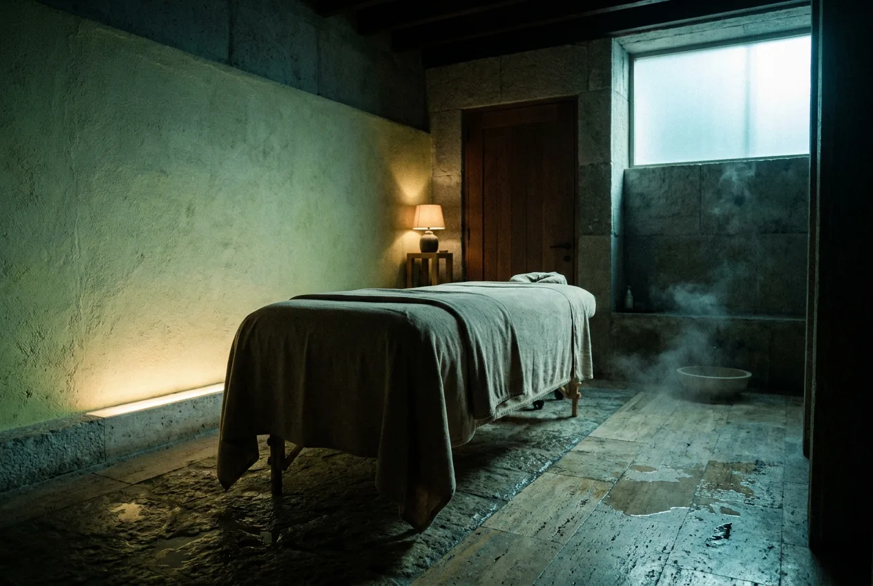 A treatment room lit only by a low wall wash