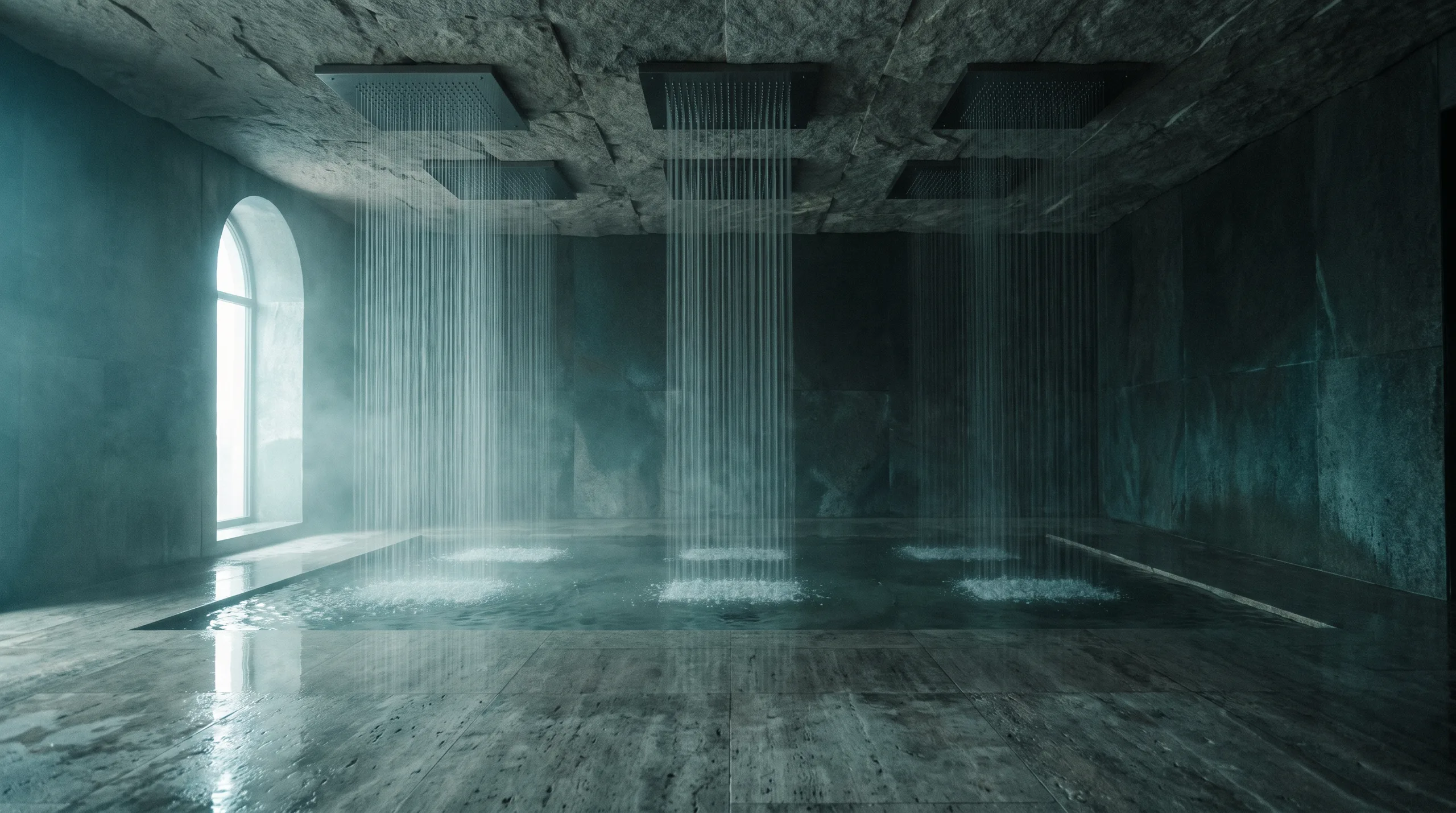 Rain heads under the stone ceiling of the rinse room