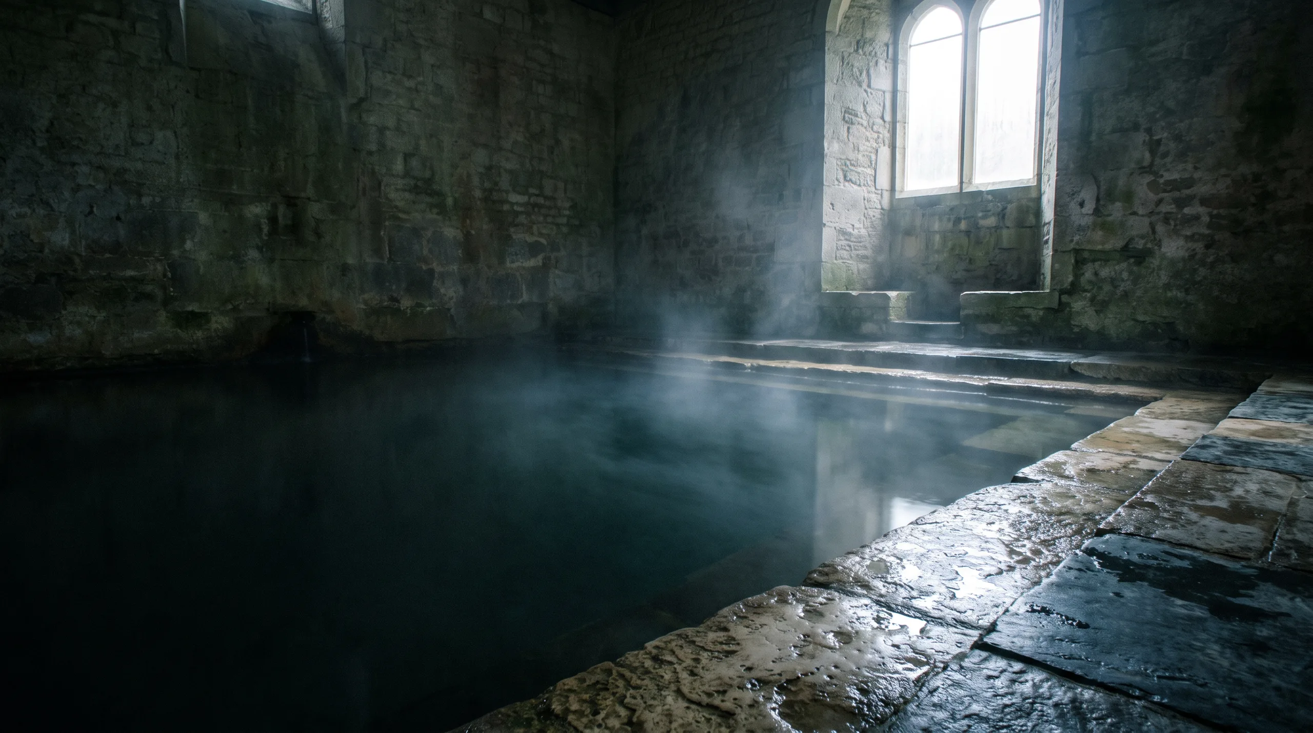 Steam drifting across the still surface of the mineral pool