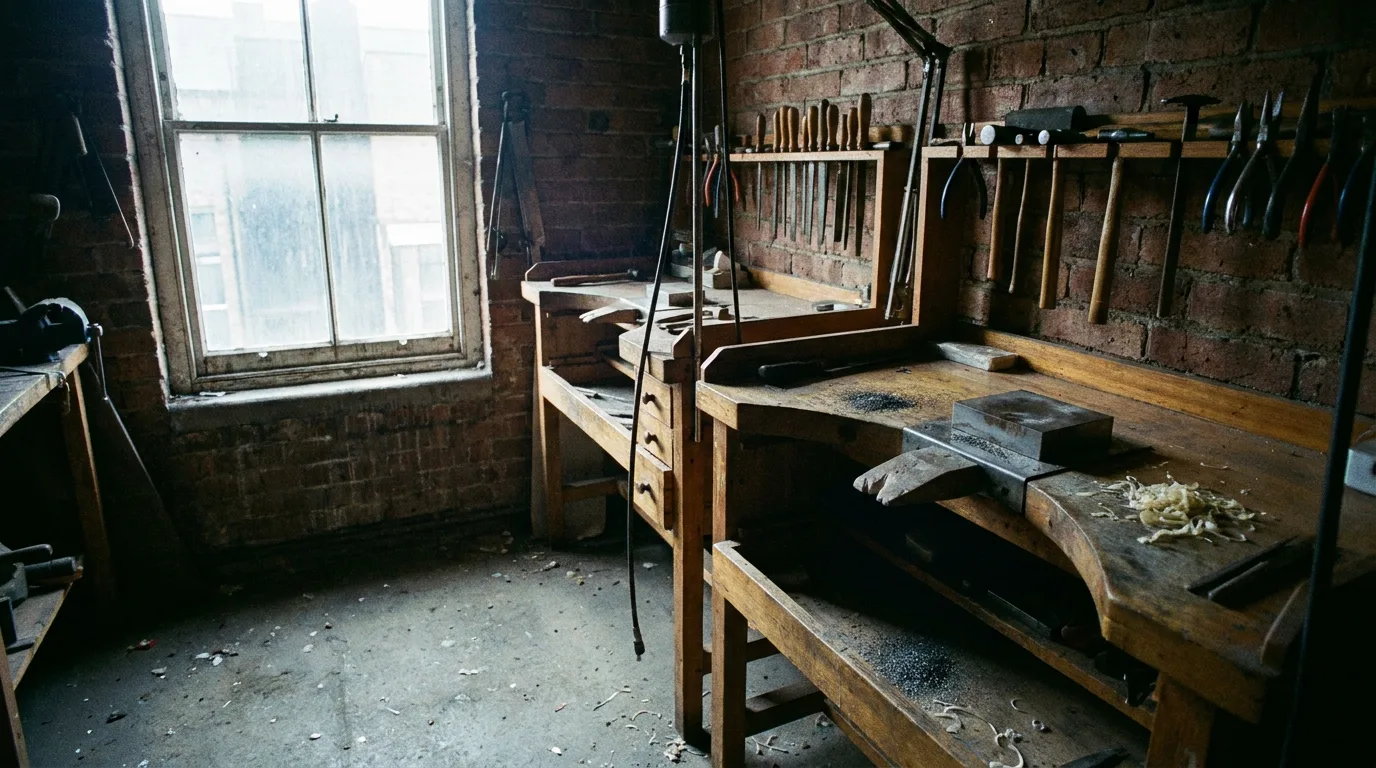 A small first-floor goldsmithing workshop with two benches and a tall sash window.
