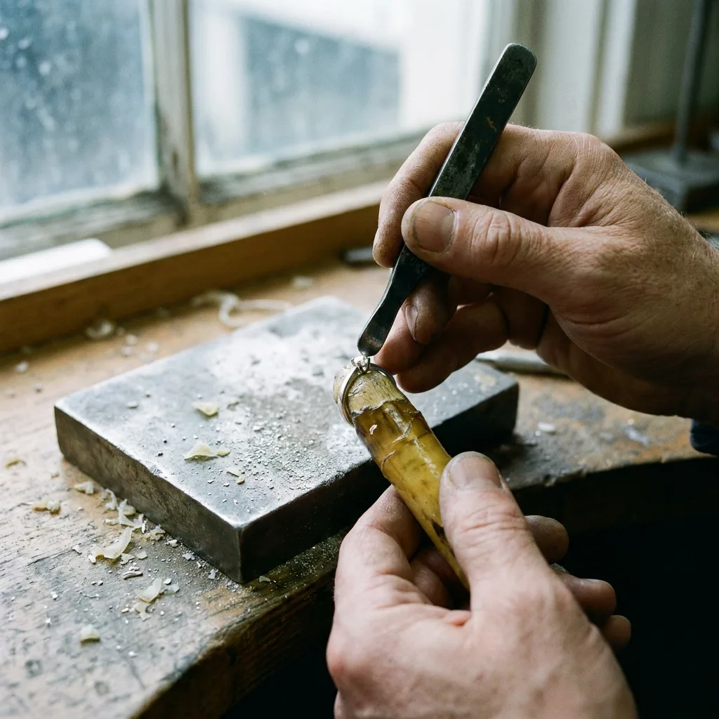 A hand setting a small stone into a claw setting with a steel pusher.