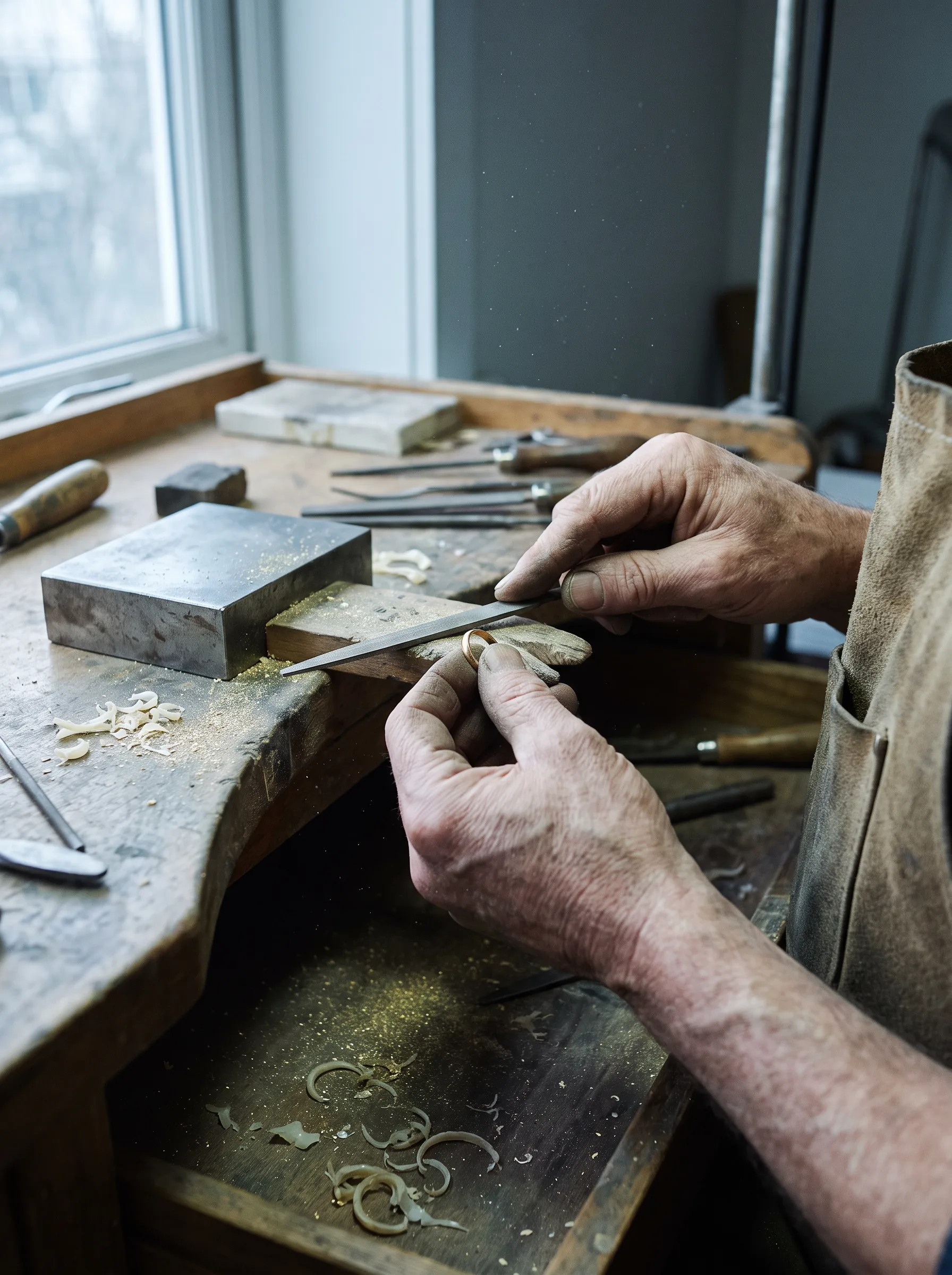 A goldsmith's hands filing the shoulder of a gold ring at a wooden bench pin.