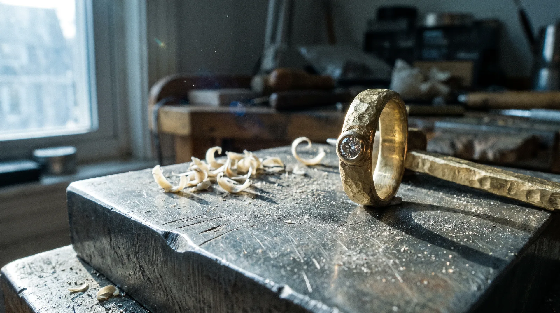 A hand-forged gold ring standing on a scarred steel bench block in workshop daylight.