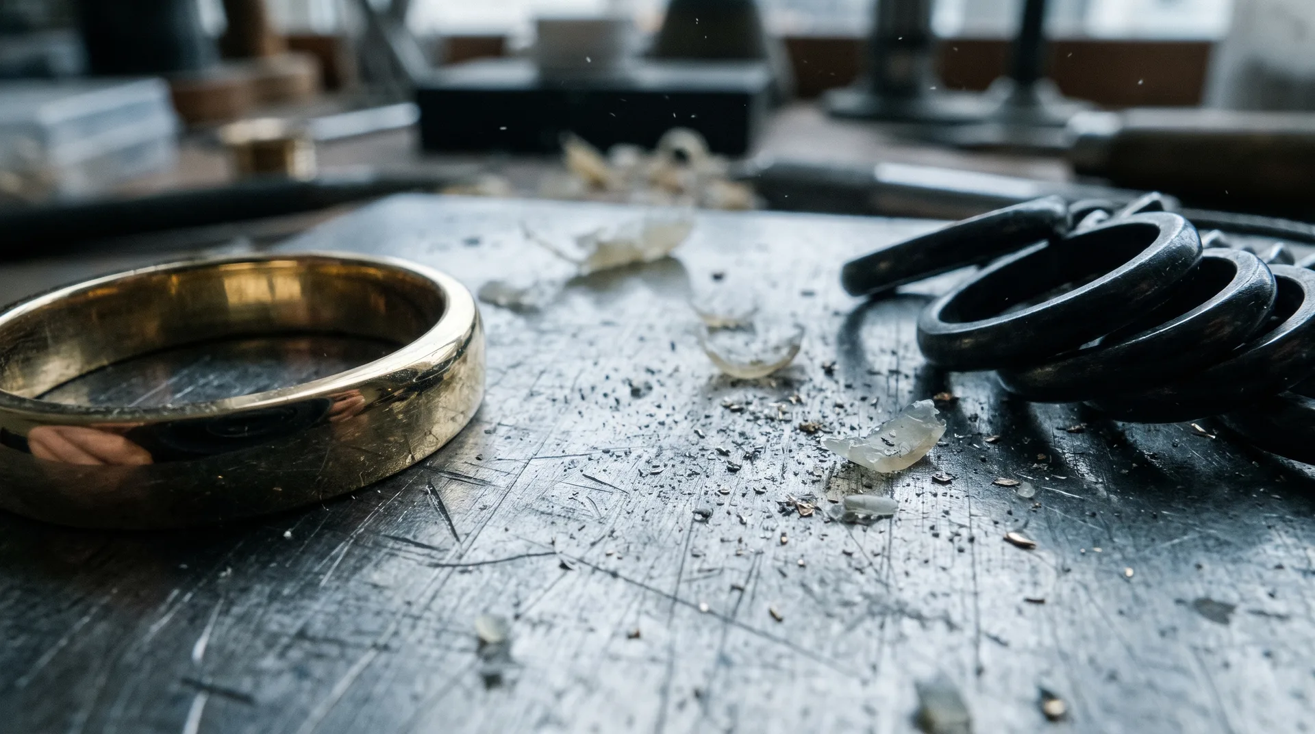 The finished gold ring on the bench block beside a set of steel sizers.