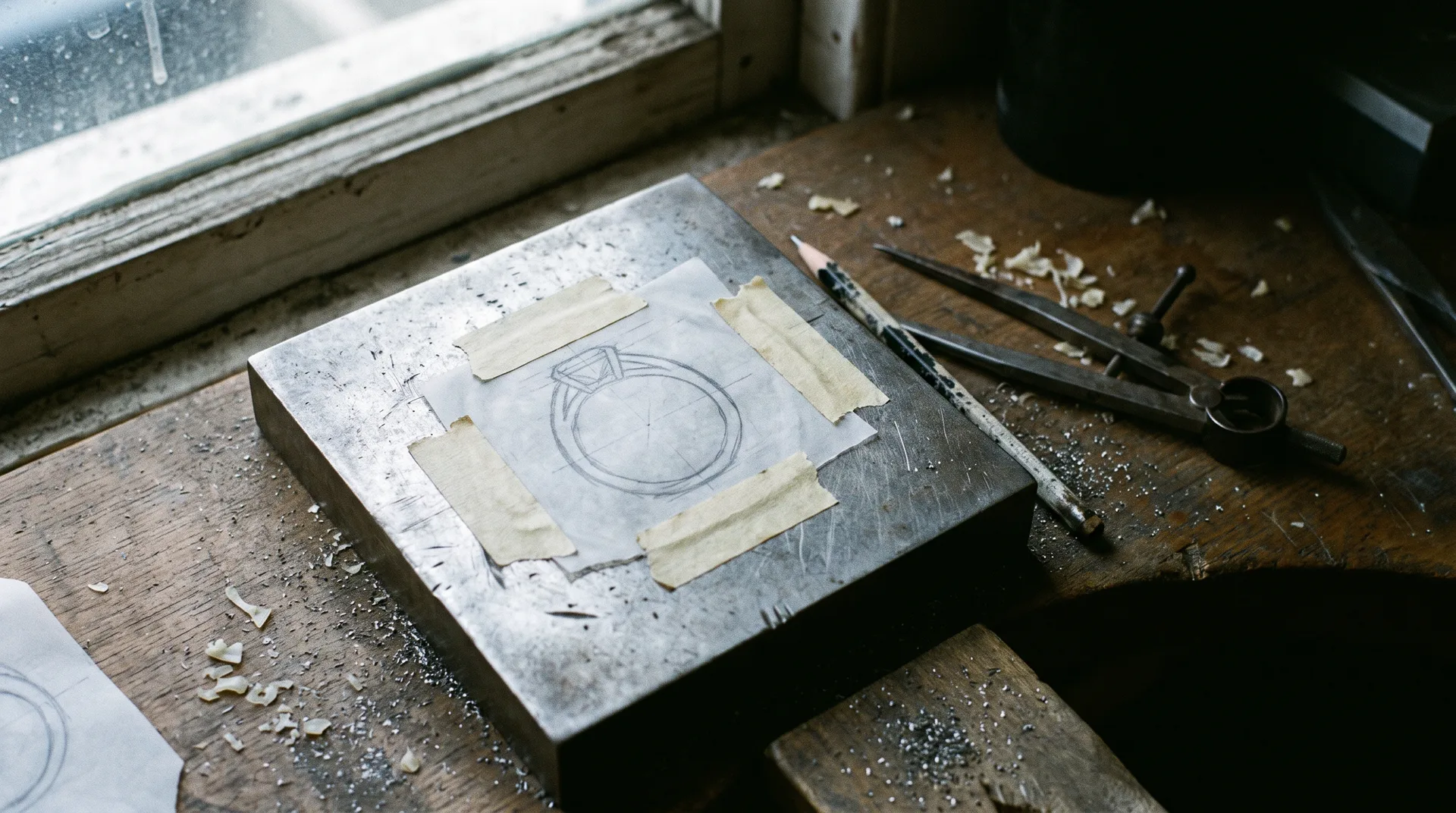 A pencil drawing of a ring on tracing paper, taped to a steel bench block.
