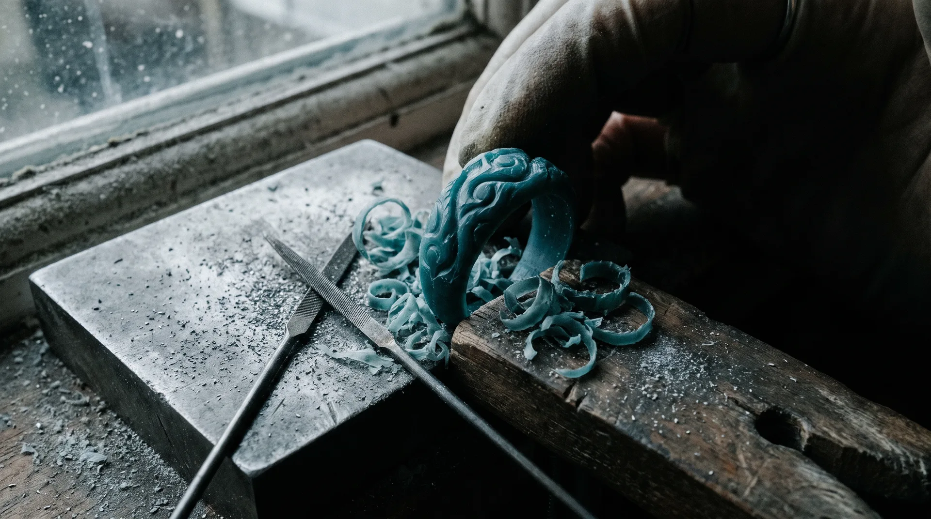 The same ring carved in jeweller’s wax, gripped in a bench pin.