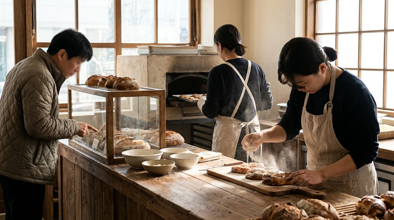 아침 매대 앞에서 빵을 고르는 손님