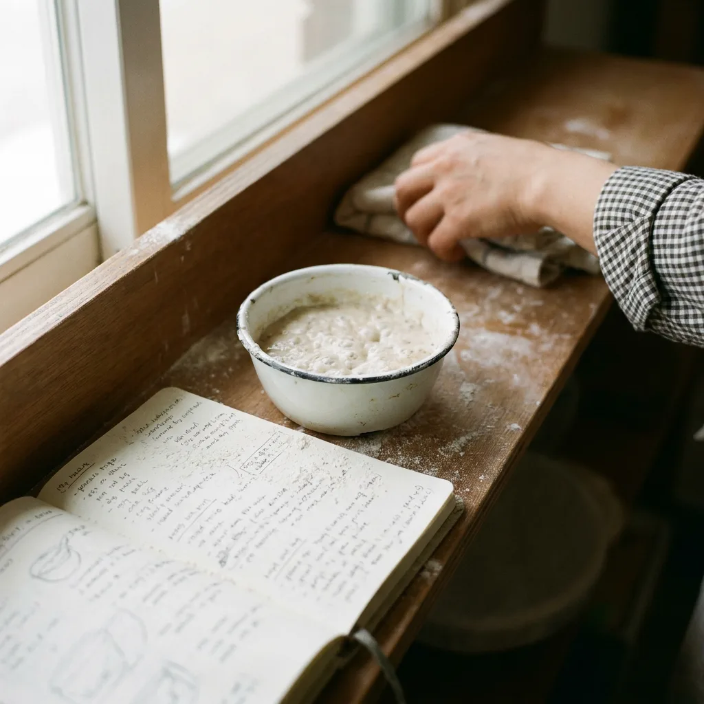 창가 선반에 놓인 르방 한 그릇과 반죽 기록 공책