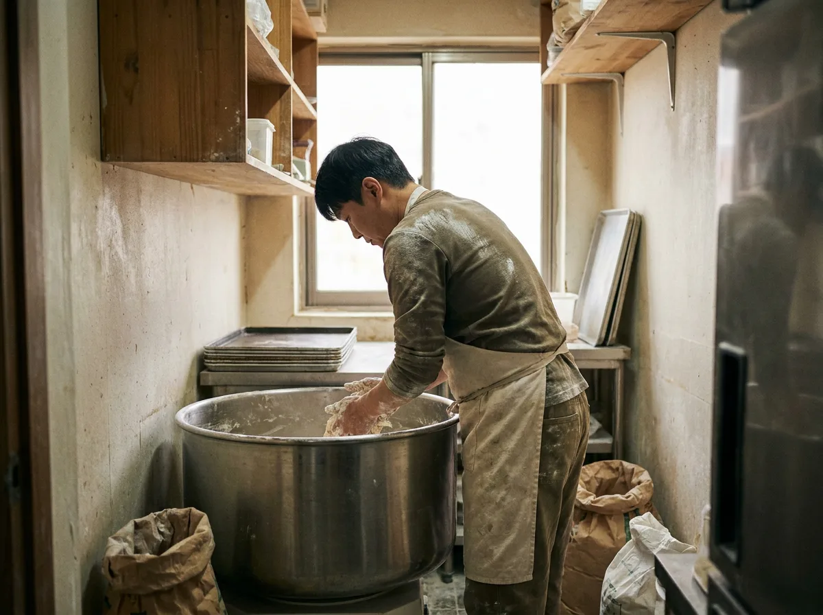 좁은 주방에서 반죽통을 들여다보는 제빵사