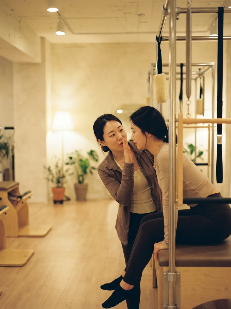 캐딜락 타워 옆에서 회원에게 동작을 설명하는 강사