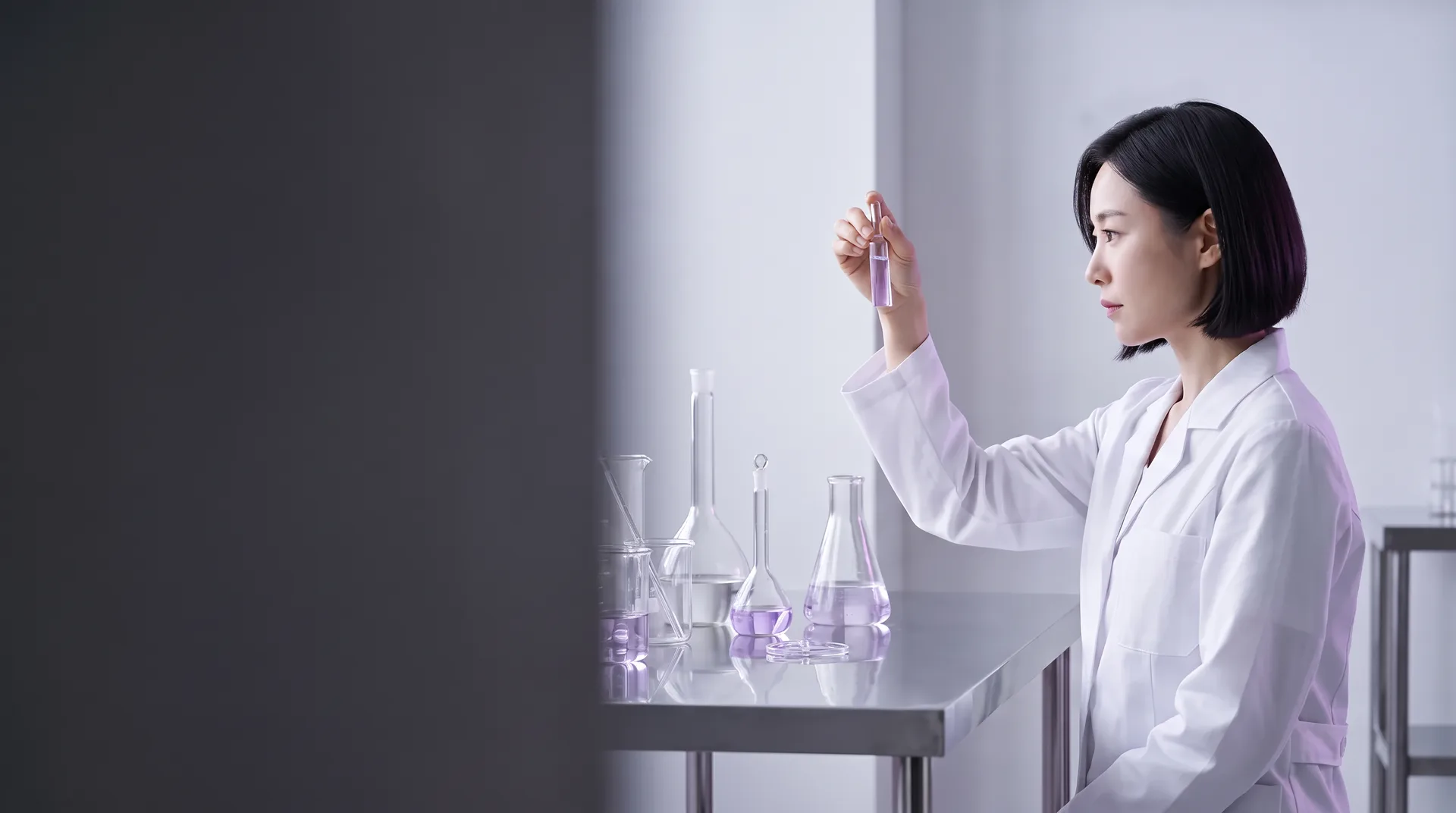 유리 앰플을 살펴보는 가상의 한국인 성인 모델과 결온의 실험실 장면