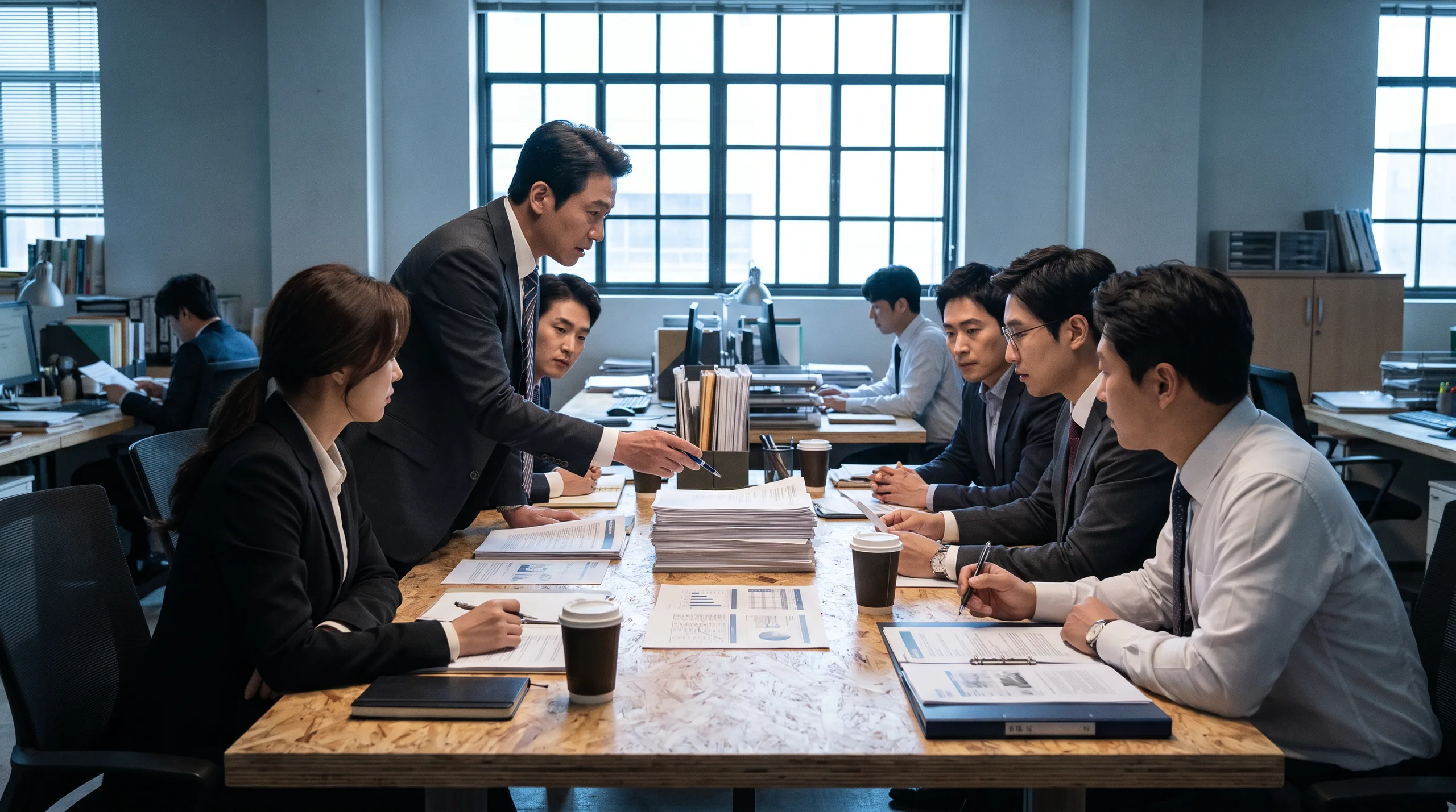 한 사건을 두고 자료를 함께 검토하는 노무법인 나란 구성원들