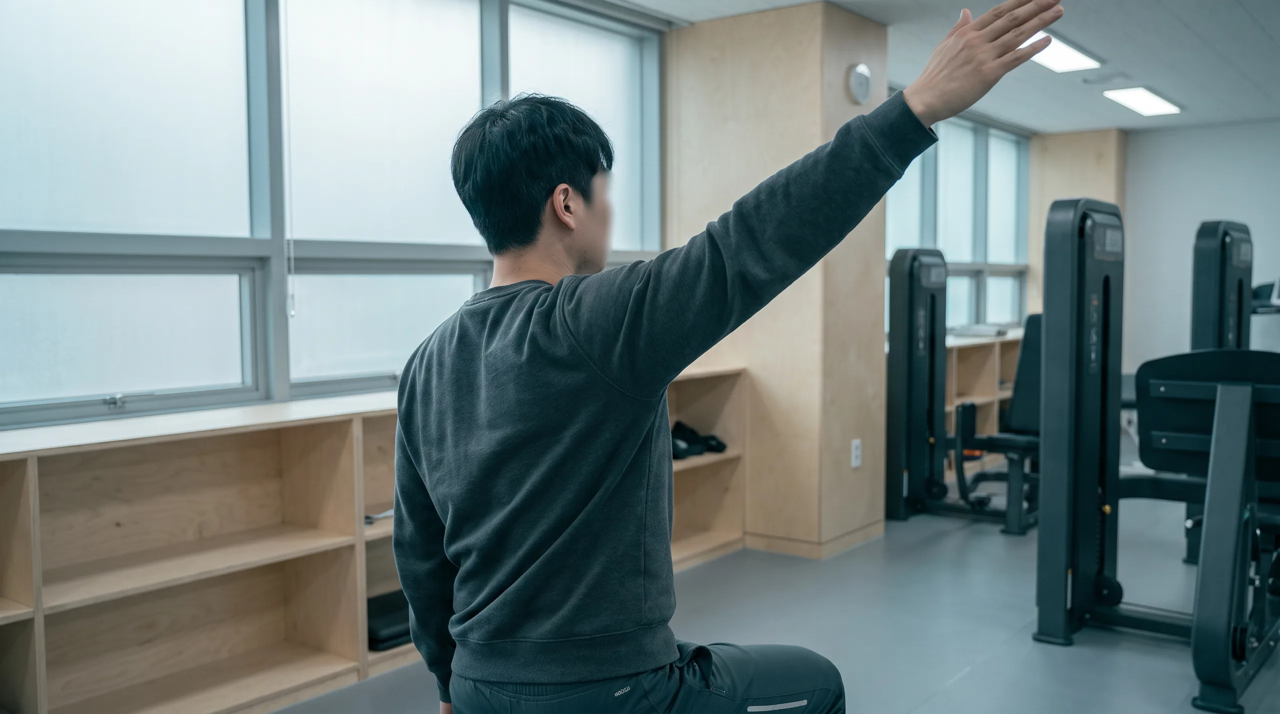 물리치료실에서 한 팔을 머리 위로 천천히 들어 올리는 사람의 어깨