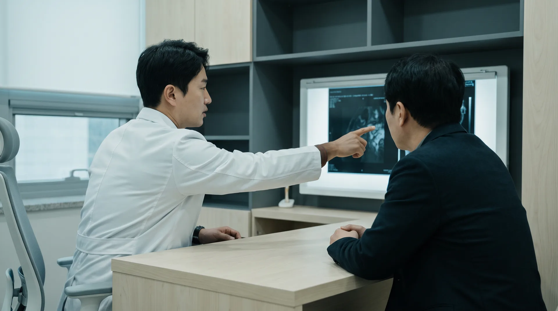 진료실에서 검사 화면을 함께 보며 설명하는 의료진과 환자