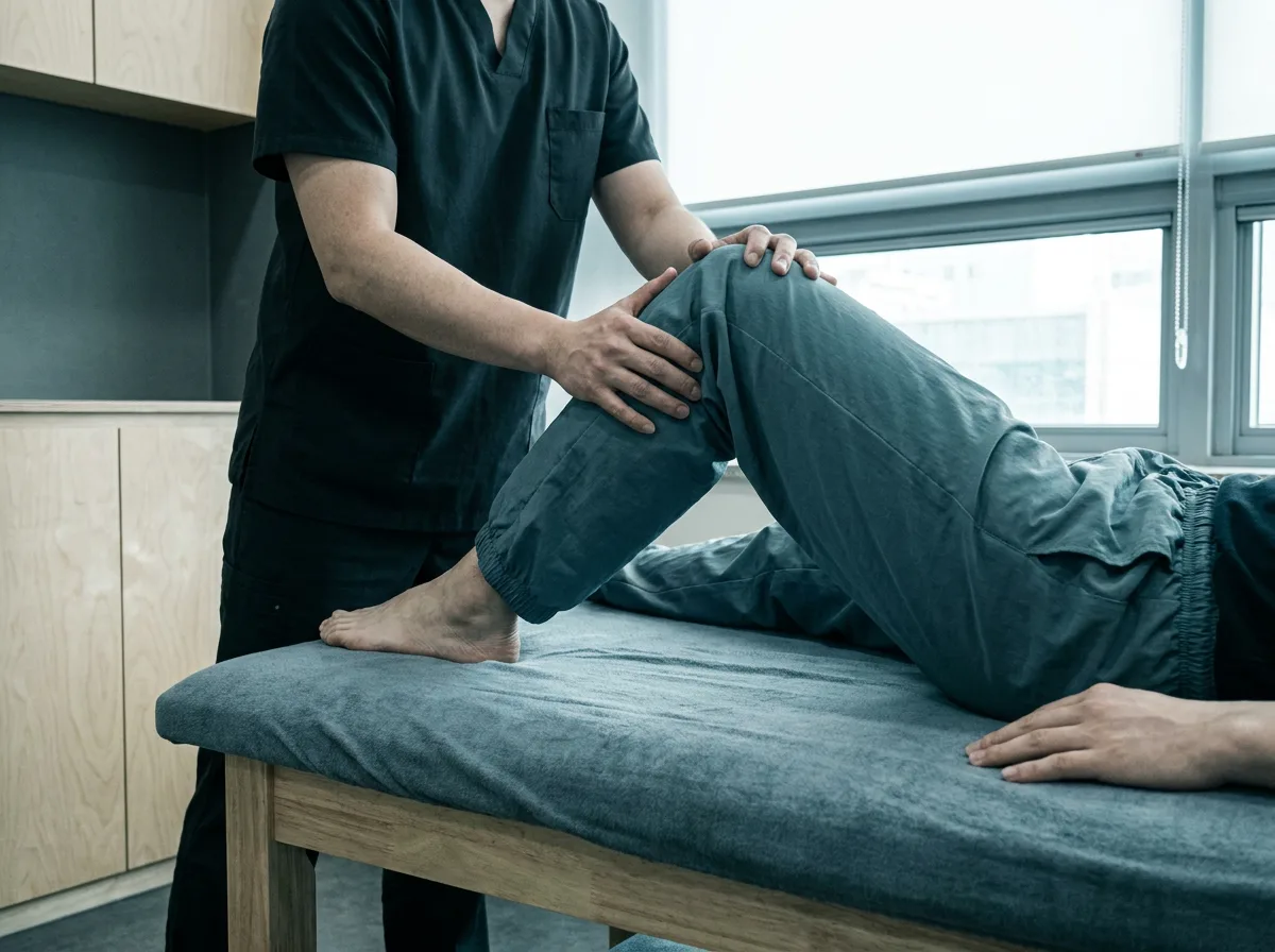 치료 침대에서 무릎의 움직임 범위를 천천히 넓히는 치료사의 손