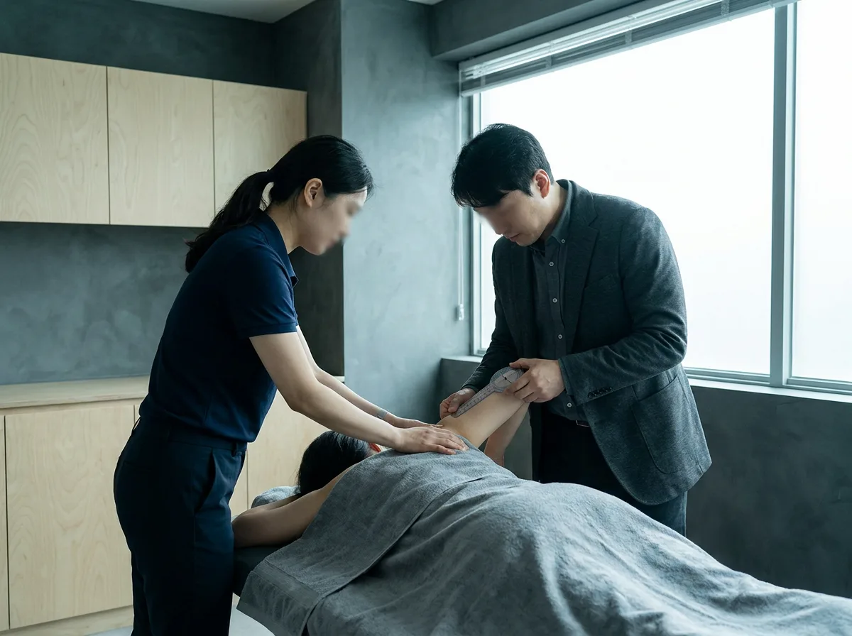 치료를 마친 환자의 움직임 범위를 원장과 치료사가 함께 확인하는 장면