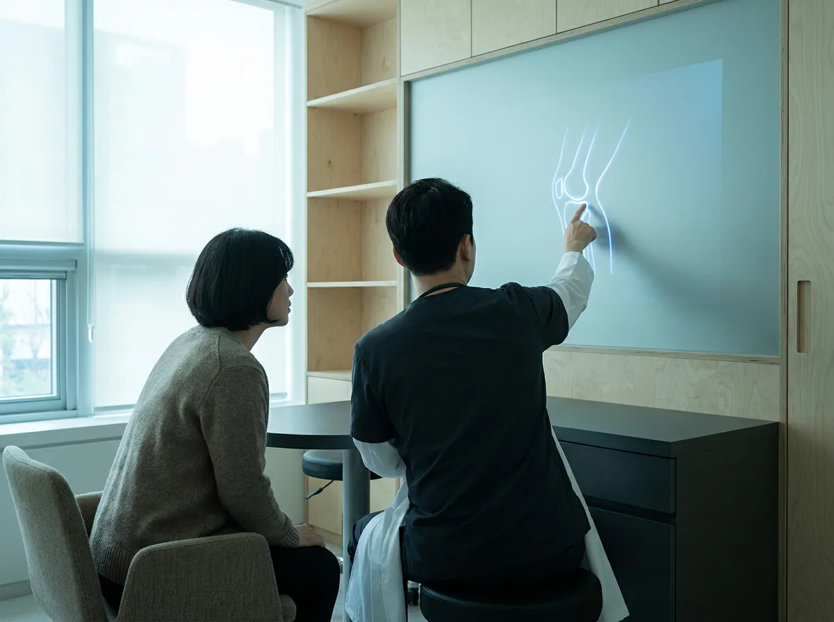 벽에 걸린 진단 화면의 관절 그림을 짚으며 환자에게 설명하는 원장
