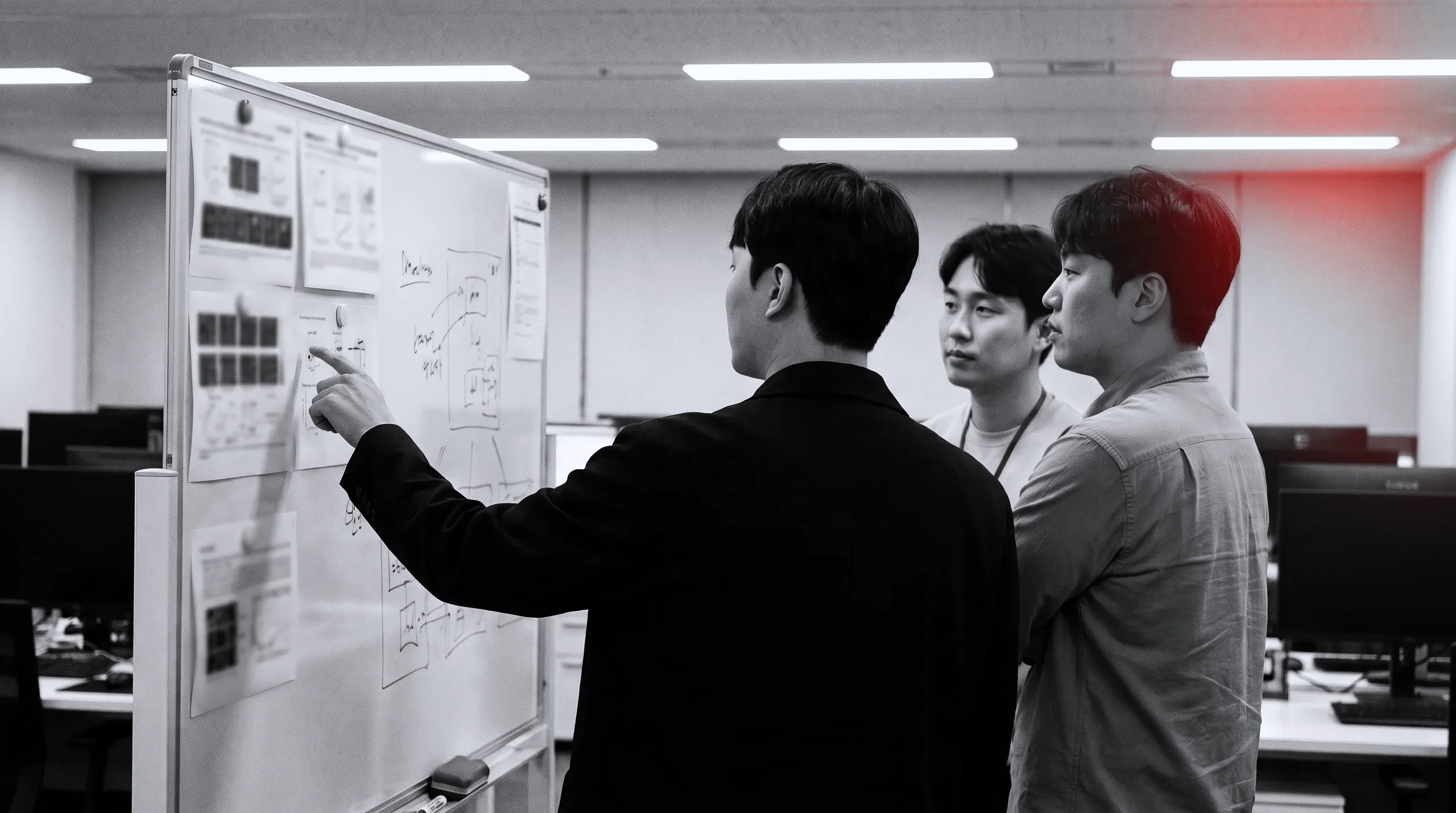 화이트보드에 붙인 문서를 함께 검토하는 가늠 연구원들