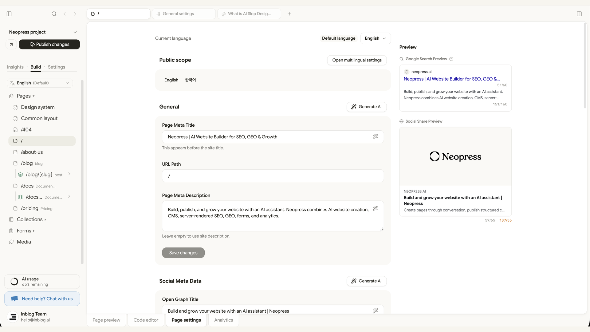 Wide Neopress page settings workspace showing language scope, page meta title, URL path, page meta description, and search and social previews