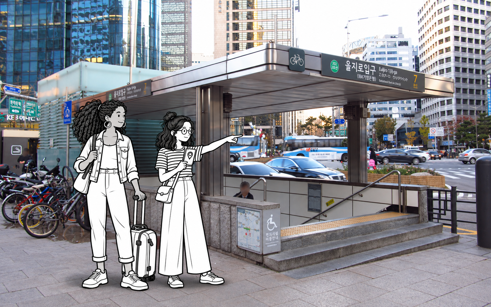 Seoul hotel: check the final walk Two monochrome illustrated travelers with a suitcase and phone outside Euljiro 1-ga station exit 7 in Seoul.