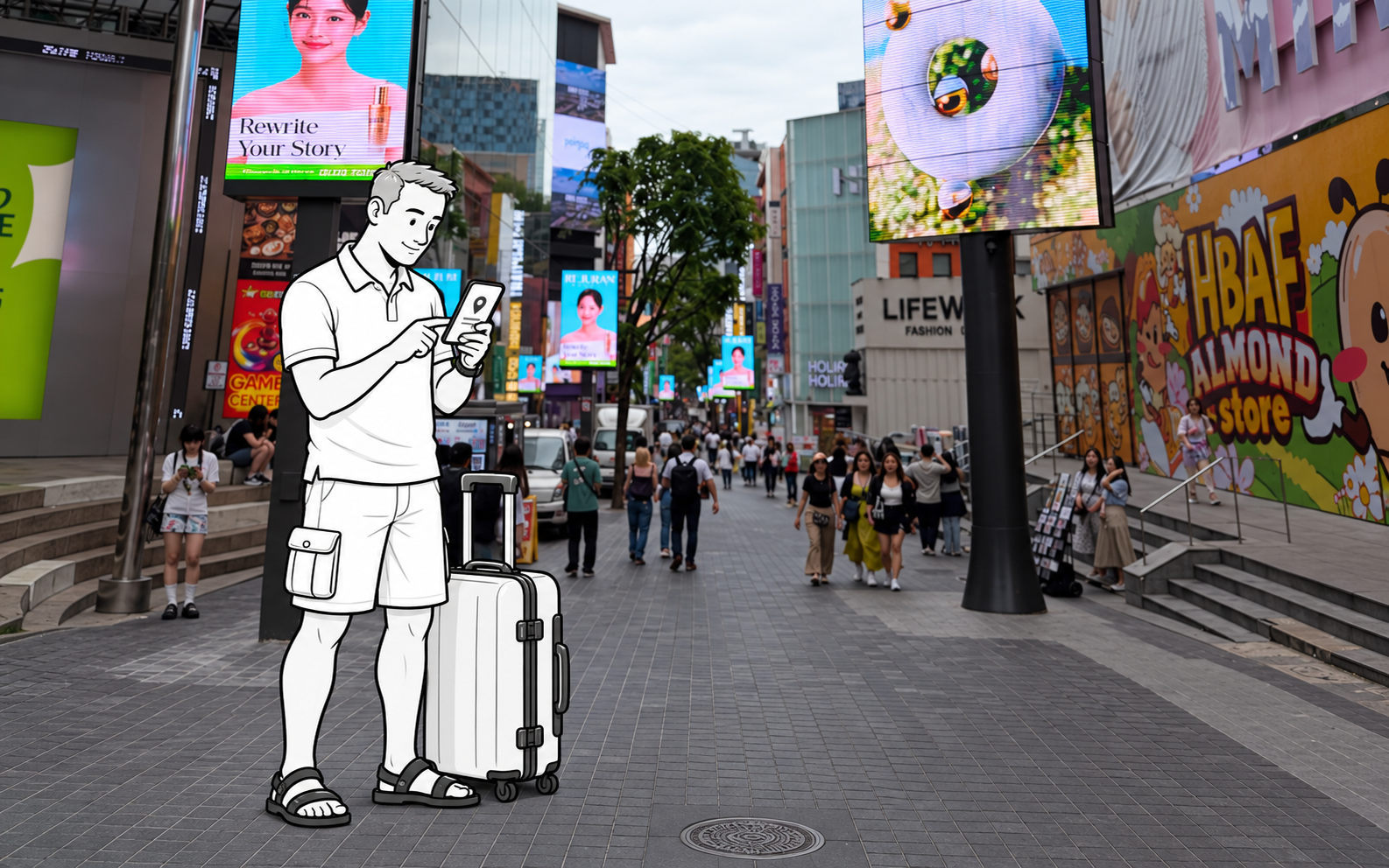 Myeongdong: confirm your hotel address A monochrome illustrated traveler checks a phone beside his suitcase on a Myeongdong shopping street.