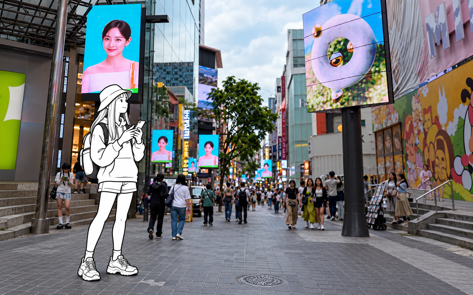 A monochrome illustrated traveler checks a phone while standing on a Myeongdong shopping street.